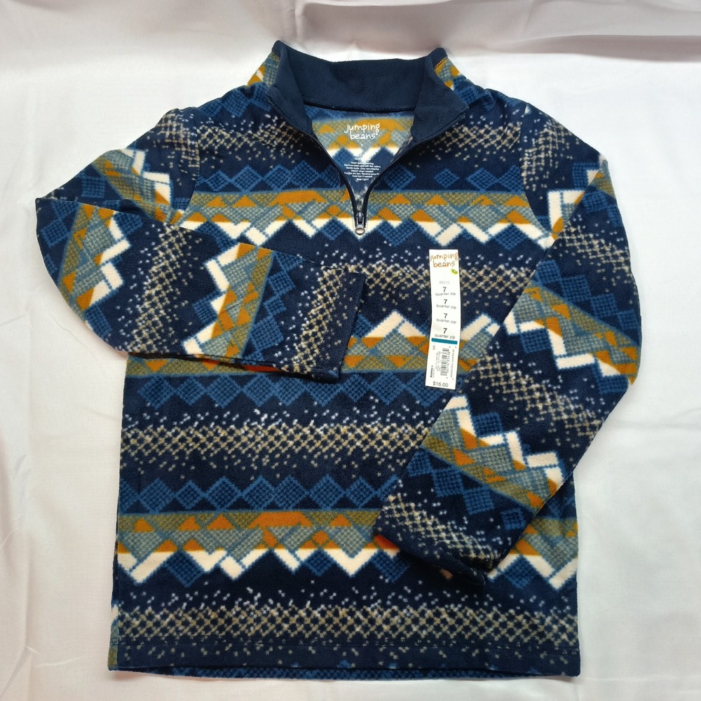 Jumping Beans Boys 7 Blue Fair Isle Microfleece Quarter Zip Pullover Mock‎ Neck